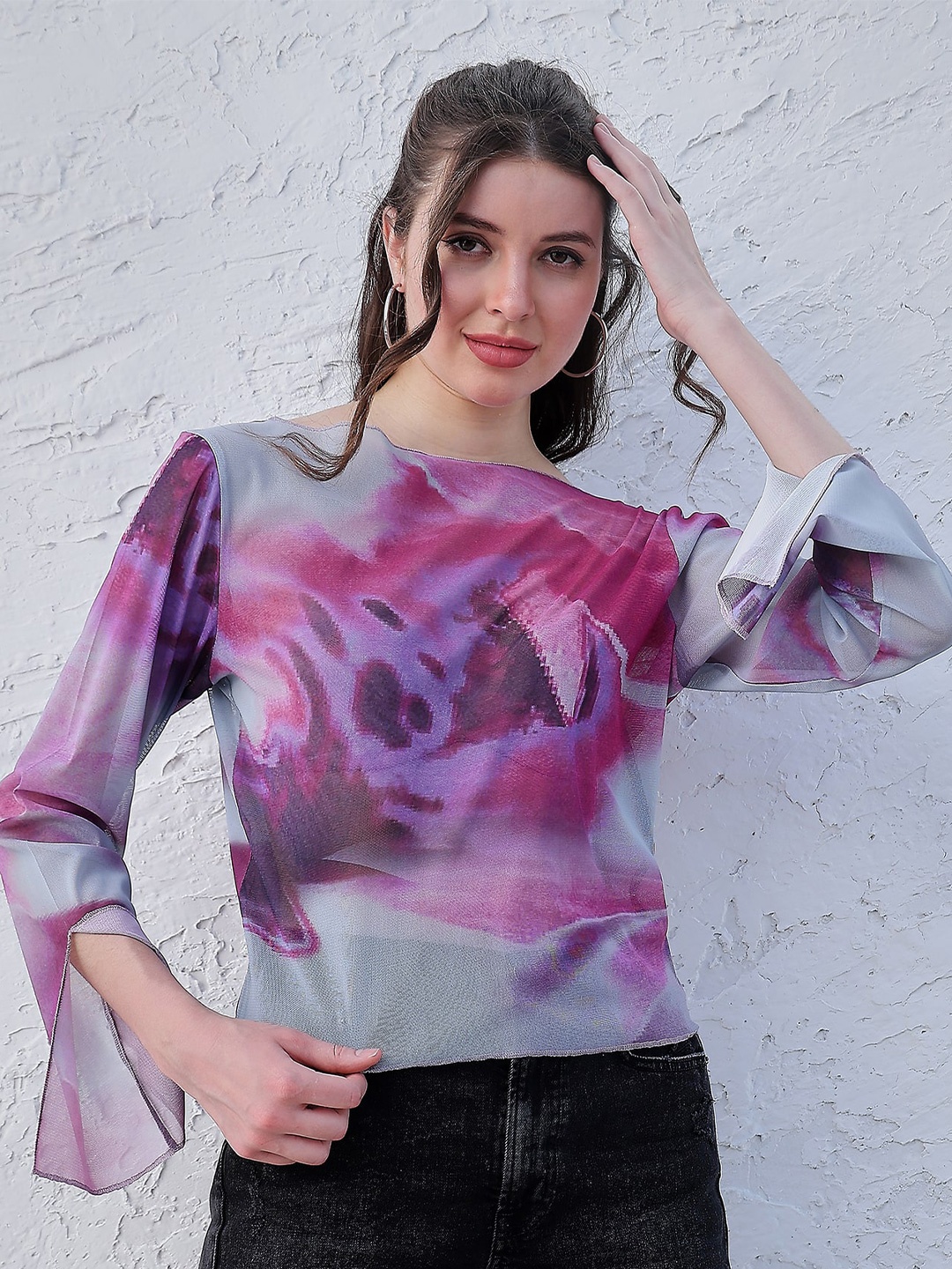 

Athena Tie and Dye Boat Neck Bell Sleeve Semi Sheer Top, Purple