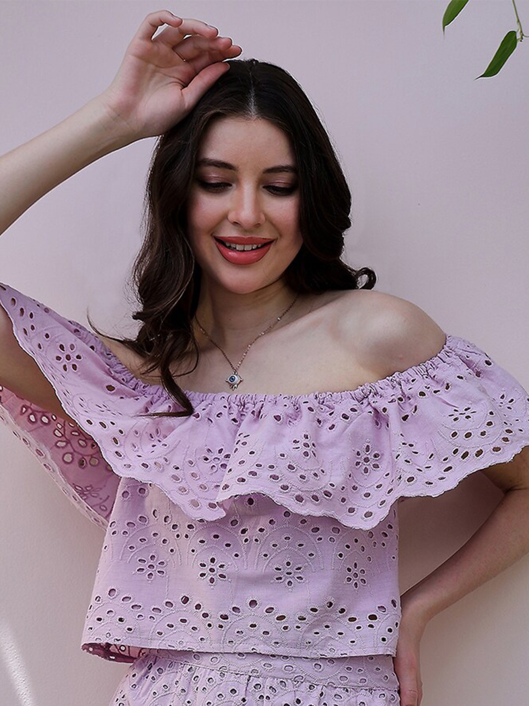 

Athena Floral Print Off-Shoulder Cotton Schiffli Bardot Top, Lavender