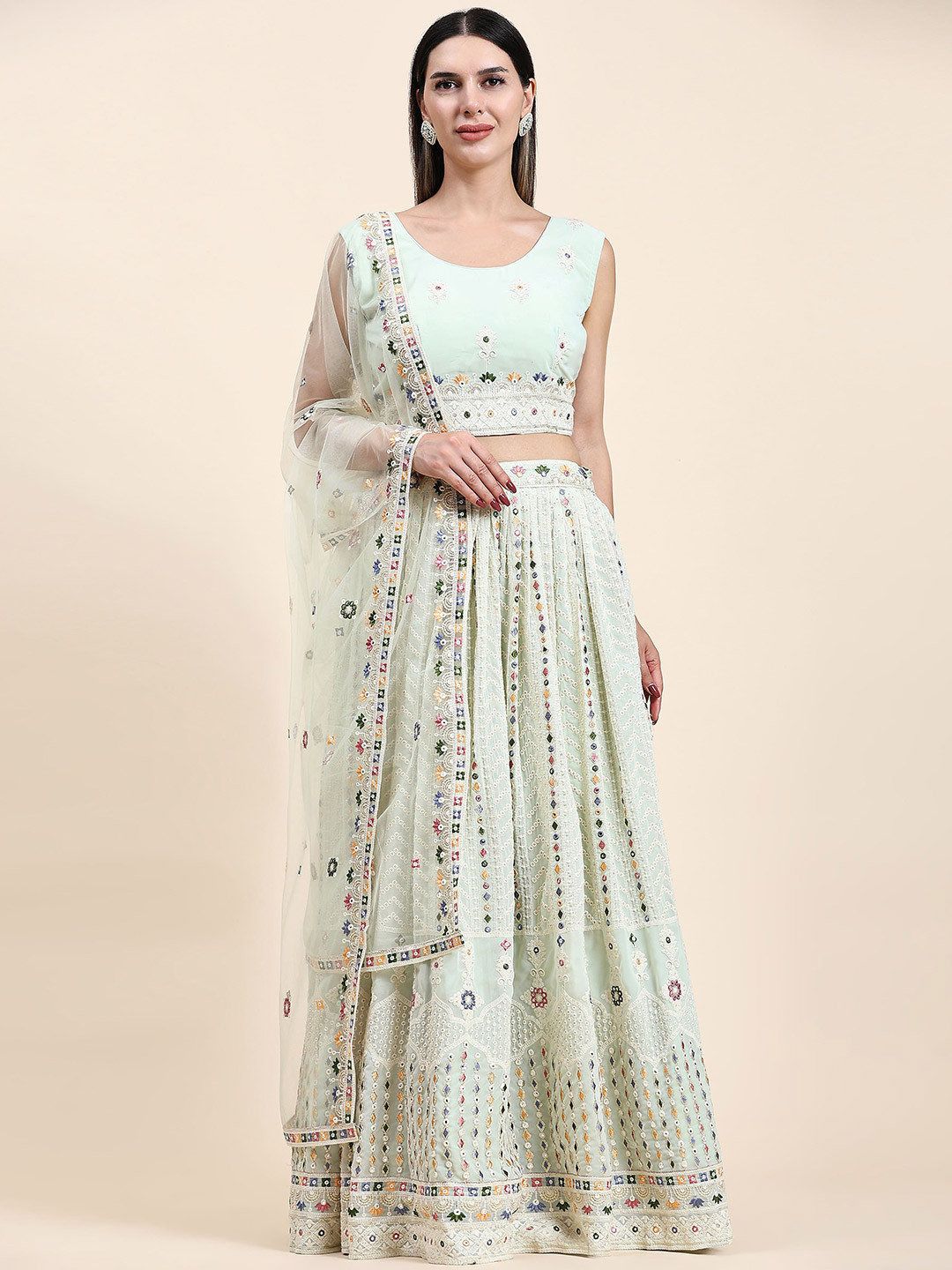 

AMOHA TRENDZ Embroidered Mirror Work Ready to Wear Lehenga & Blouse With Dupatta, Green