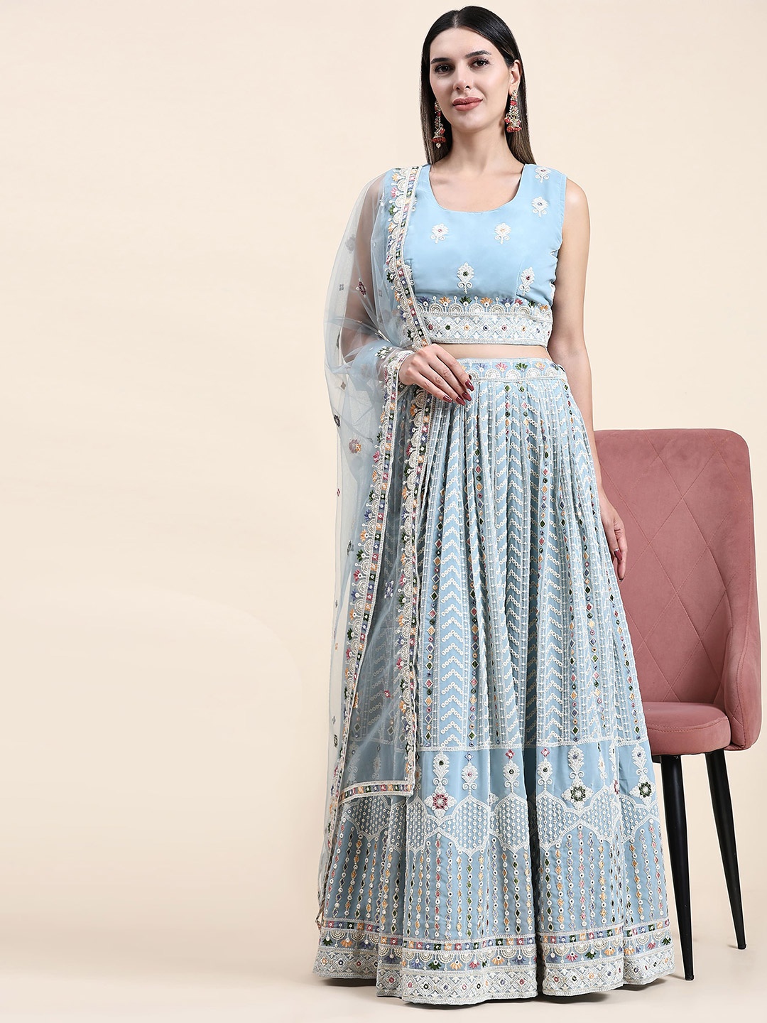 

AMOHA TRENDZ Embroidered Thread Work Ready to Wear Lehenga & Blouse With Dupatta, Blue