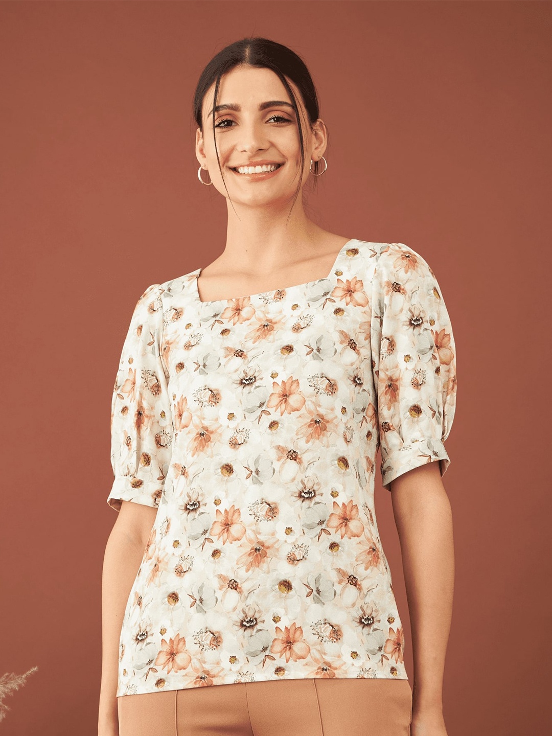 

SALT ATTIRE Floral Printed Round Neck Puff Sleeve Top, White