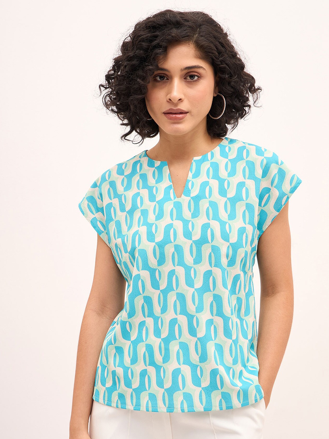 

SALT ATTIRE Abstract Print Notch Neck Cap Sleeves Top, Cream