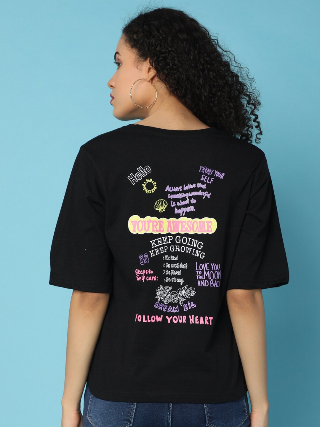 

V-Mart Typography Printed Three-Quarter Sleeves Round Neck Cotton T-shirt, Black