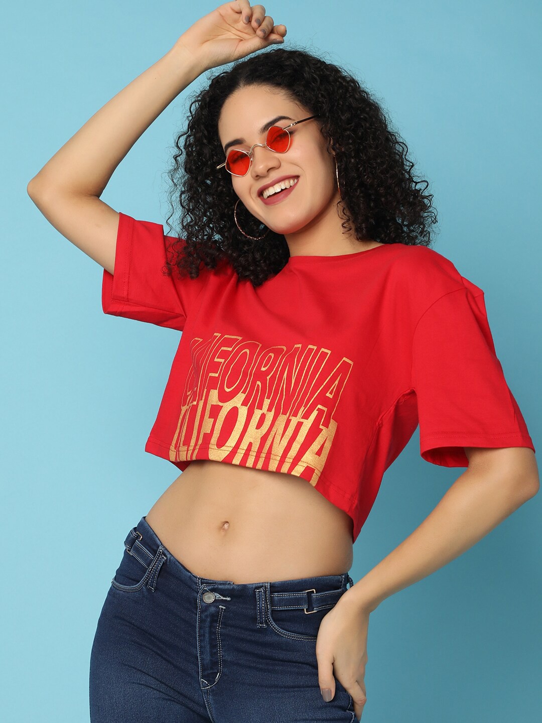 

V-Mart Round Neck Drop Shoulder Sleeves Typographic Printed Regular Fit Cotton T-shirt, Red
