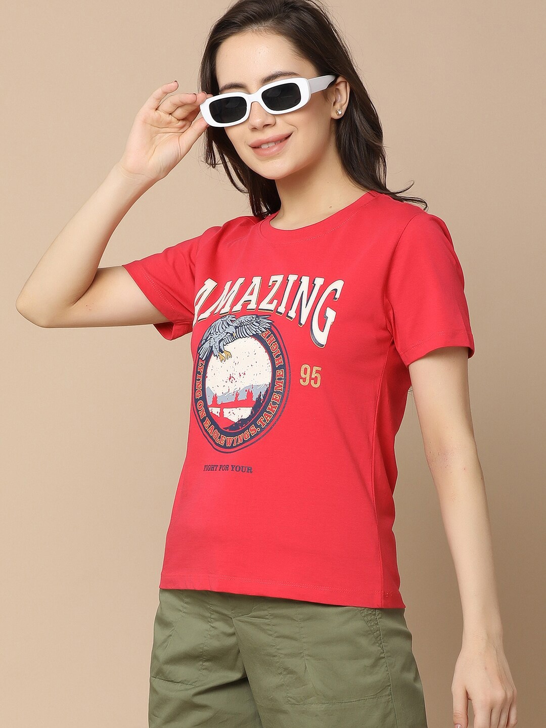 V-Mart Typography Printed Round Neck Short Sleeves Cotton T-shirt, Pink