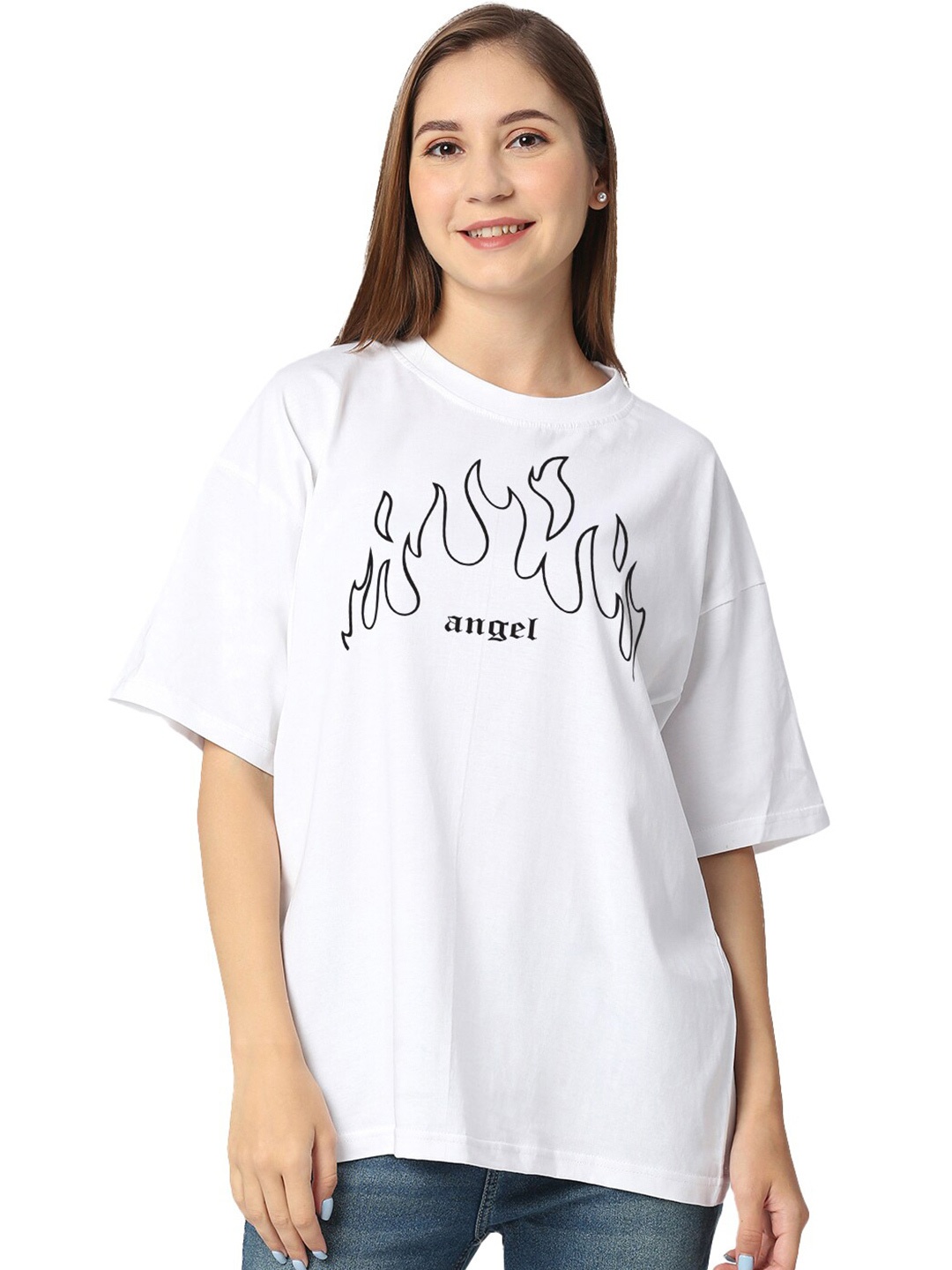

STATUS MANTRA Typography Printed Drop-Shoulder Sleeves Oversized T-shirt, White