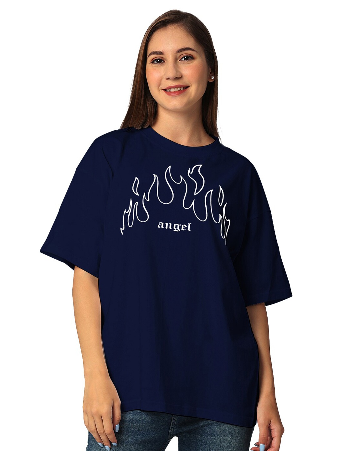 

STATUS MANTRA Round Neck Drop Shoulder Typography Printed Regular Fit Cotton T-shirt, Navy blue
