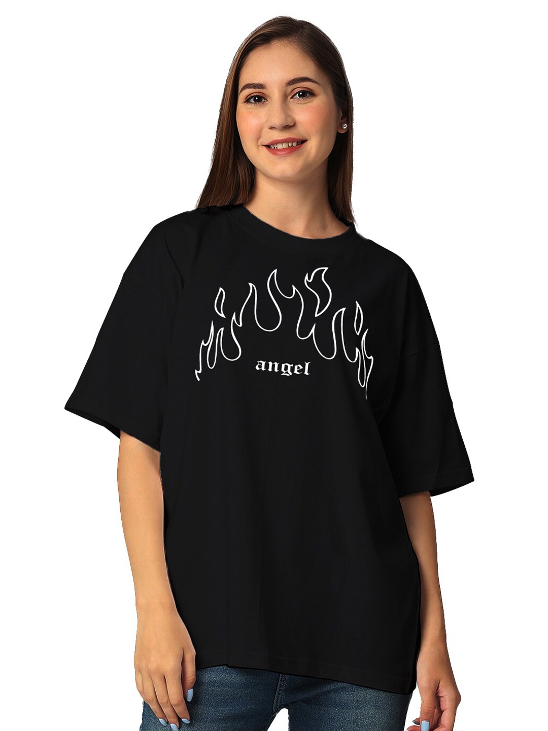 

STATUS MANTRA Typography Printed Drop-Shoulder Sleeves Cotton T-shirt, Black