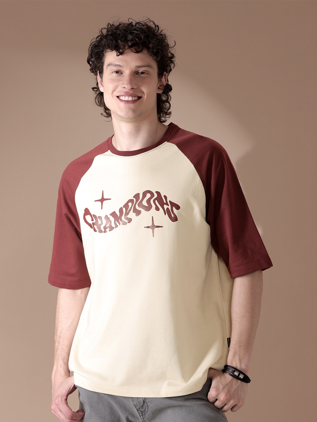 

Beyoung Round Neck Raglan Sleeves Cotton Oversized T-shirt, Beige