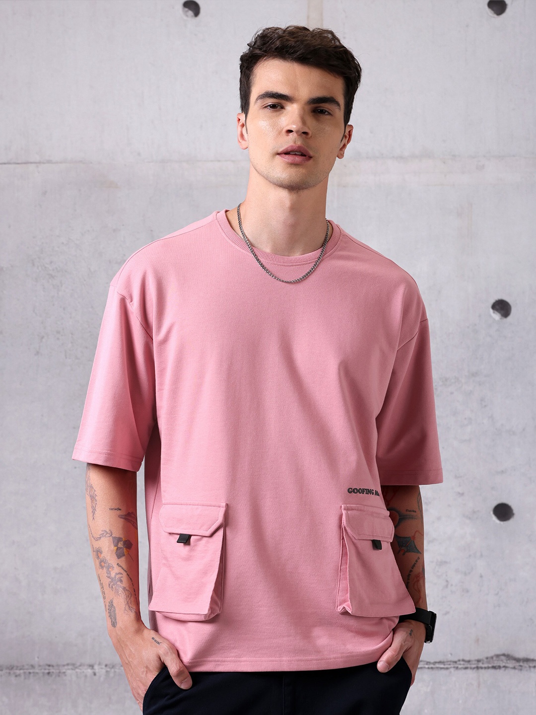 

Beyoung Cotton Drop-Shoulder Sleeves Oversized Pockets Casual T-shirt, Pink