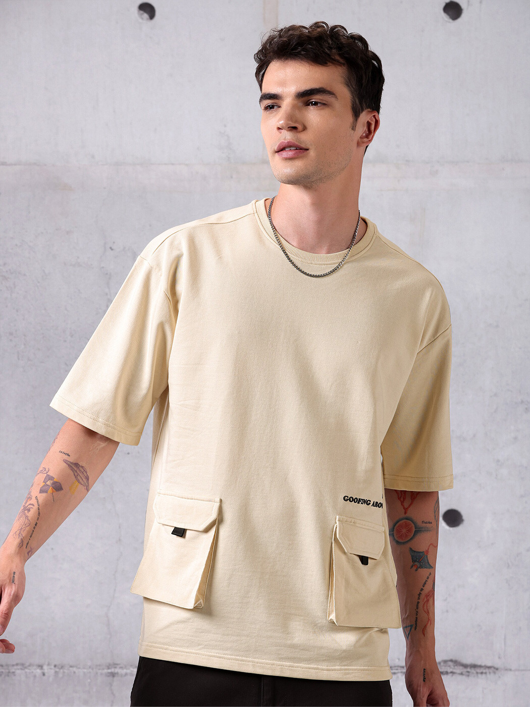 

Beyoung Cotton Round Neck Oversized Casual T-shirt, Cream