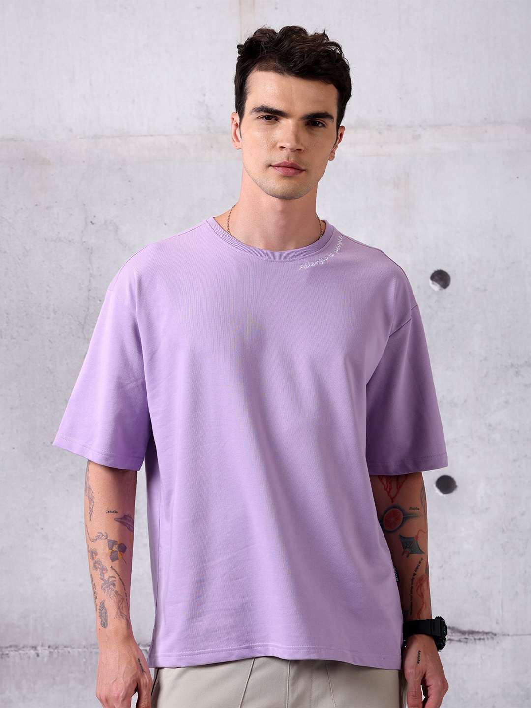 

Beyoung Cotton Drop-Shoulder Sleeves Oversized Casual T-shirt, Purple