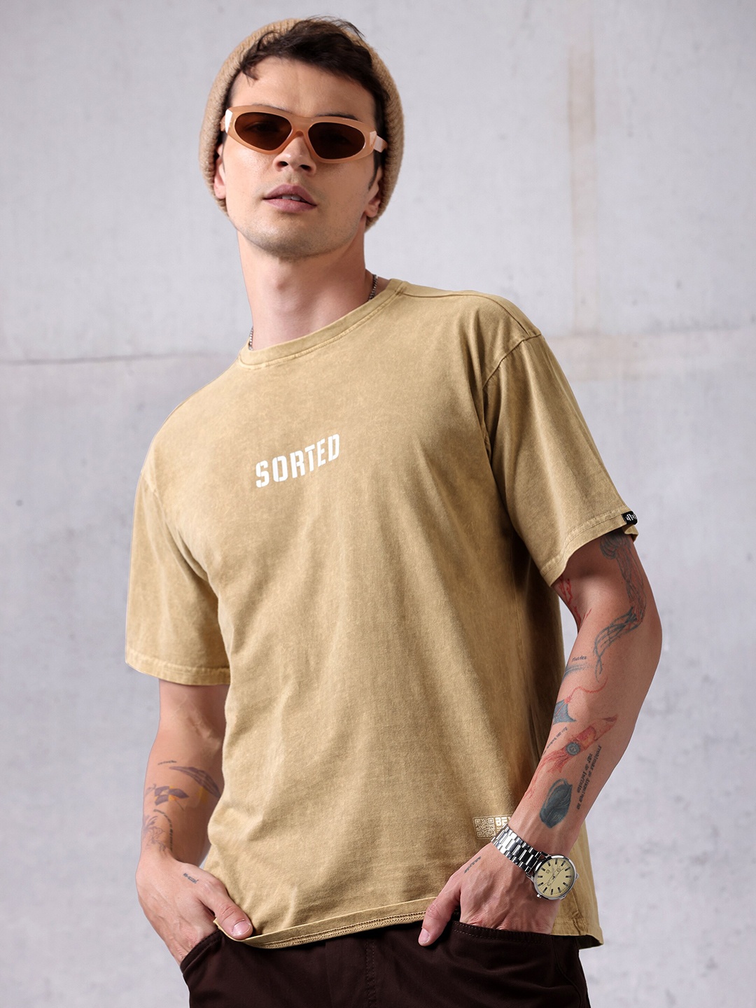 

Beyoung Cotton Drop-Shoulder Sleeves Oversized Casual T-shirt, Beige