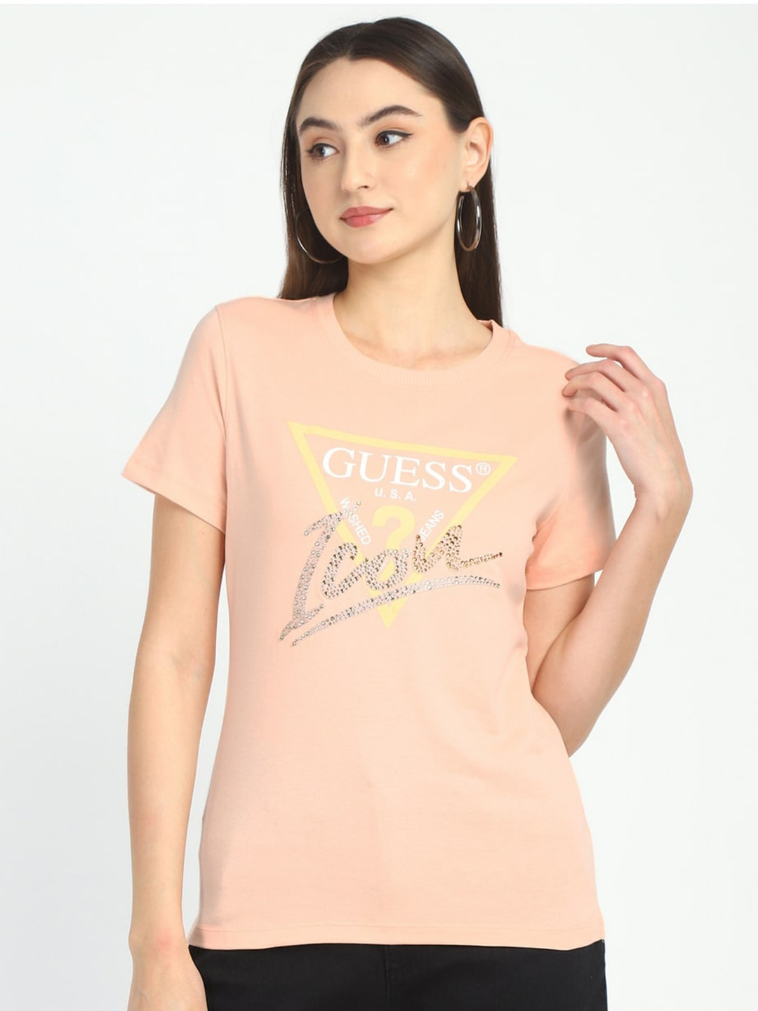 

GUESS Typography Printed Round Neck Pure Cotton T-shirt, Orange