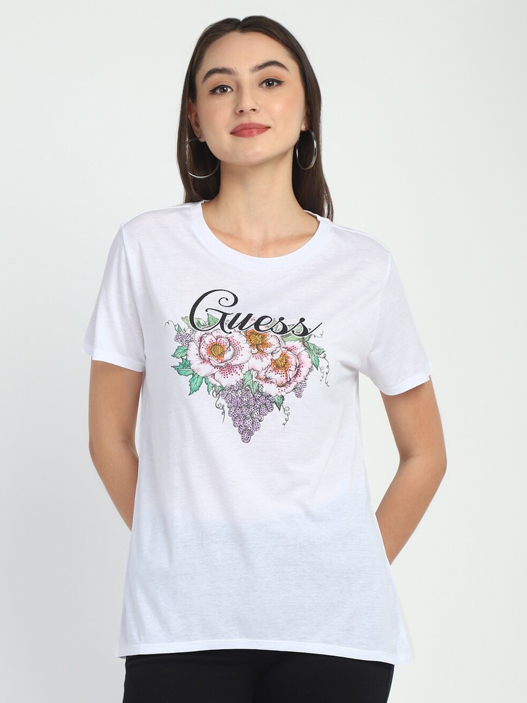 

GUESS Typography Printed Round Neck Cotton Regular Fit T-shirt, White