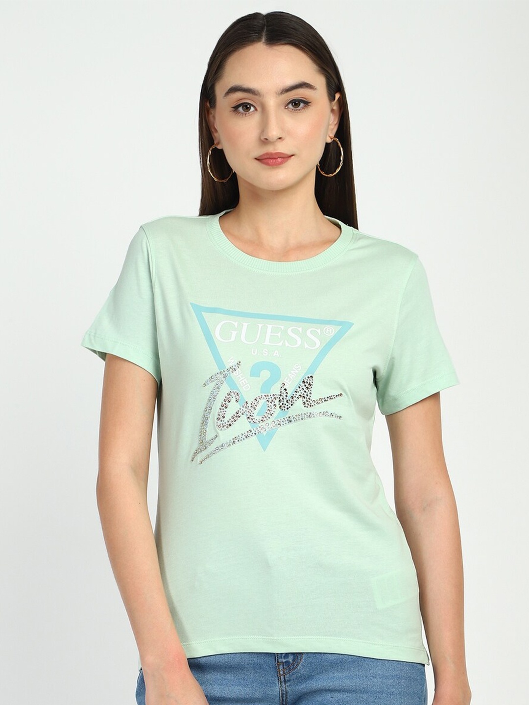 

GUESS Typography Printed Round Neck Pure Cotton T-shirt, Green