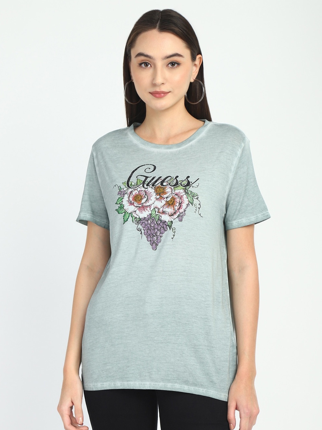 

GUESS Typography Printed Round Neck Cotton Regular Fit T-shirt, Grey