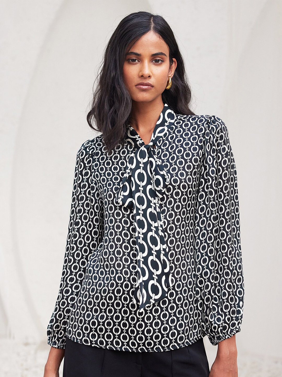 

SALT ATTIRE Geometric Printed Tie-Up Neck Long Sleeves Shirt Style Top, Black