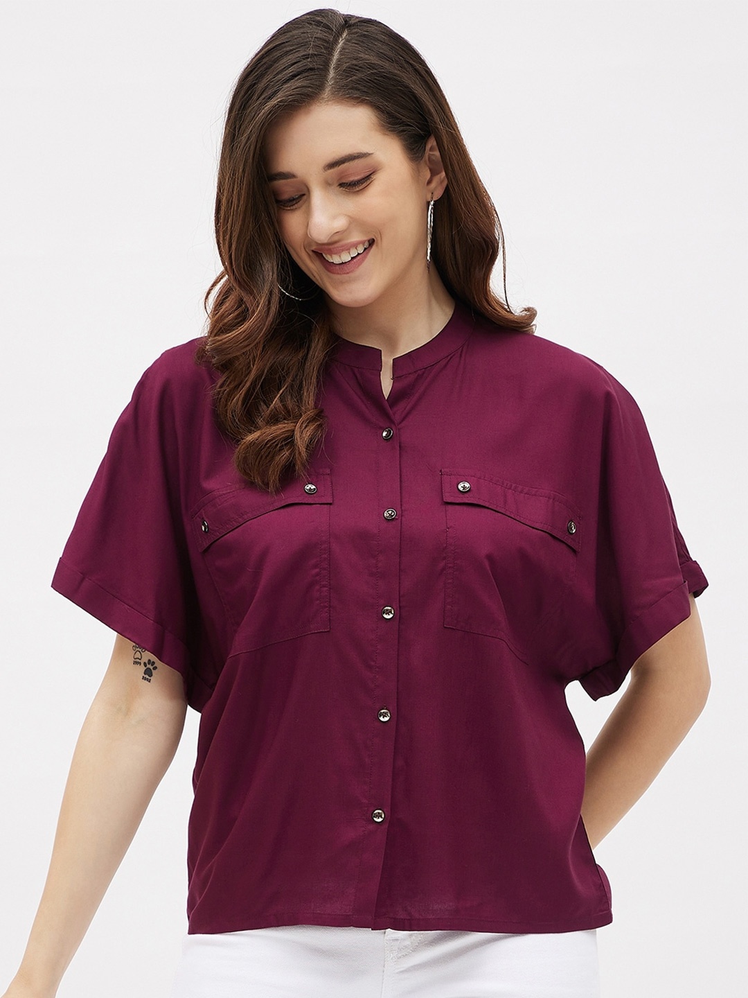 

Kibo Mandarin Collar Extended Sleeves Shirt Style Top, Maroon
