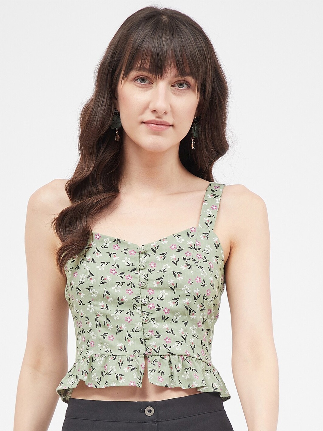 

Kibo Floral Printed Ruffled Shoulder Straps Crop Top, Green