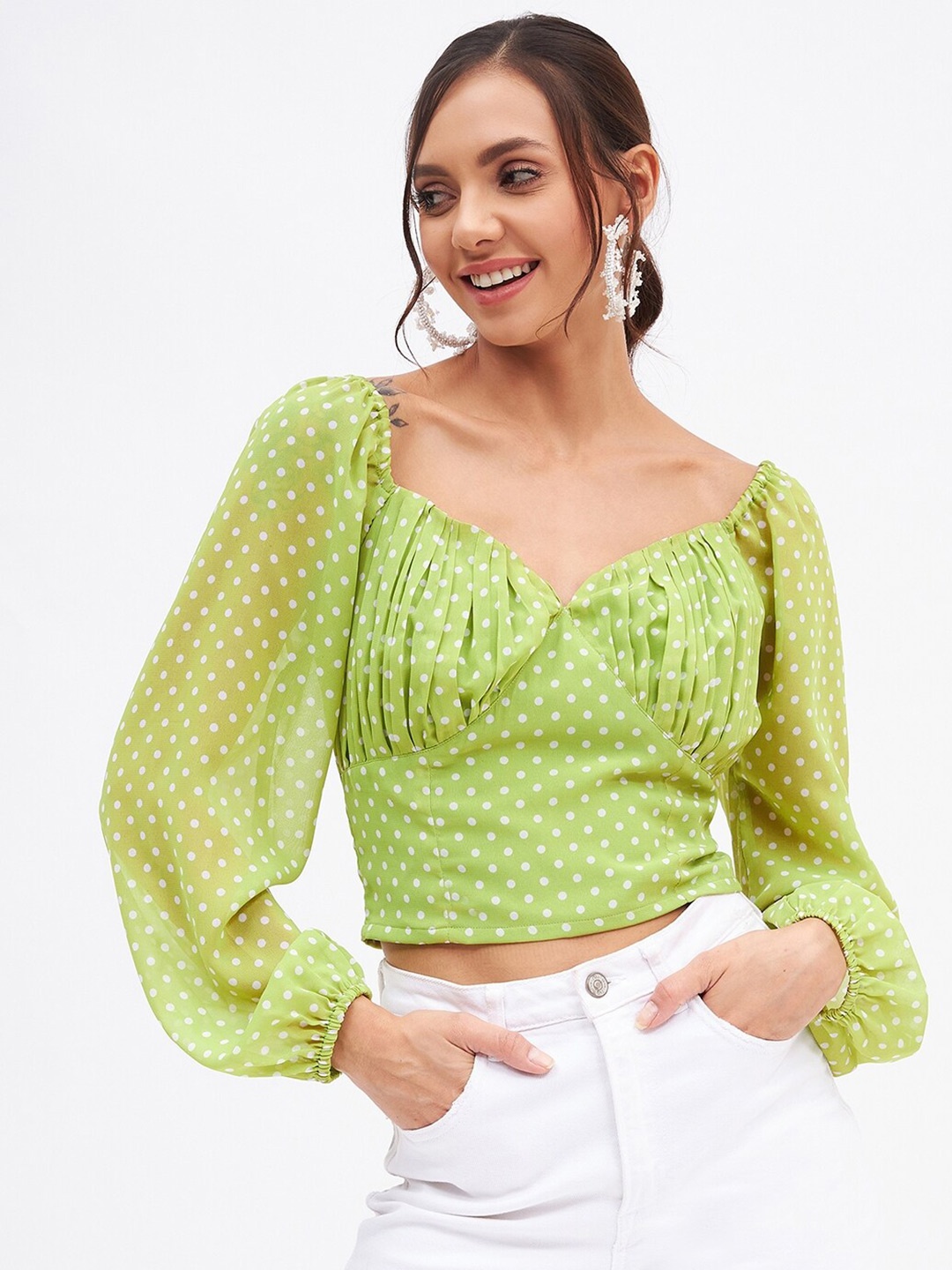 

Kibo Sweetheart Neck Puff Sleeve Chiffon Wrap Crop Top, Green