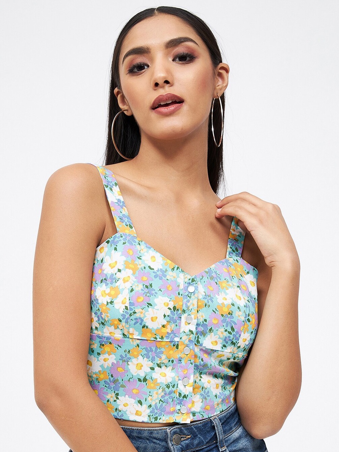 

Kibo Floral Printed Shoulder Straps Crop Top, Green