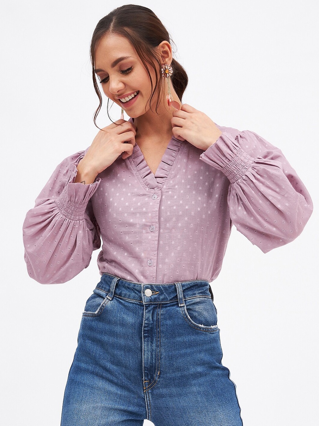 

Kibo Self-Design Puff Sleeve Cotton Shirt Style Top, Lavender