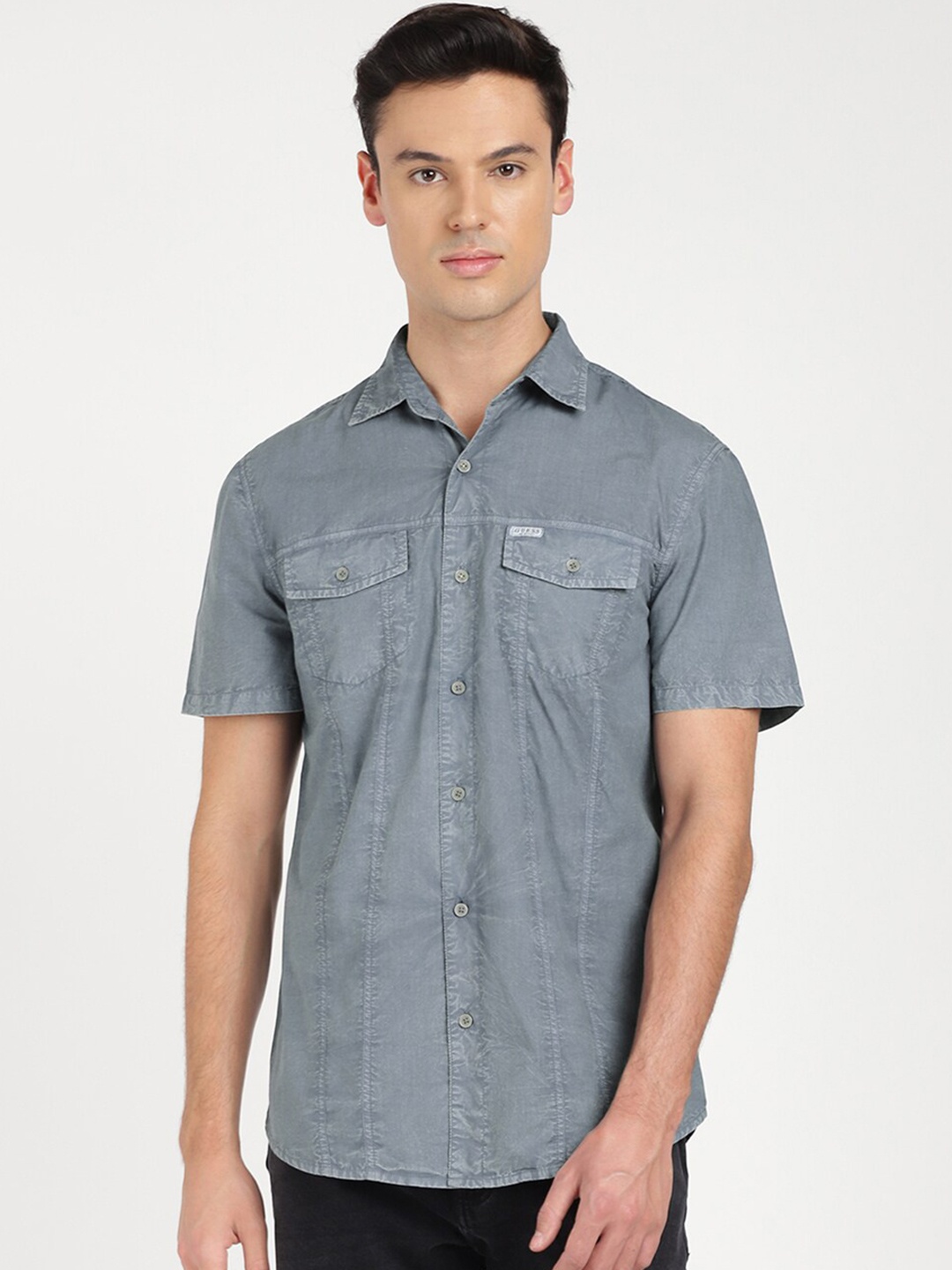 

GUESS Spread Collar Cotton Casual Shirt, Blue