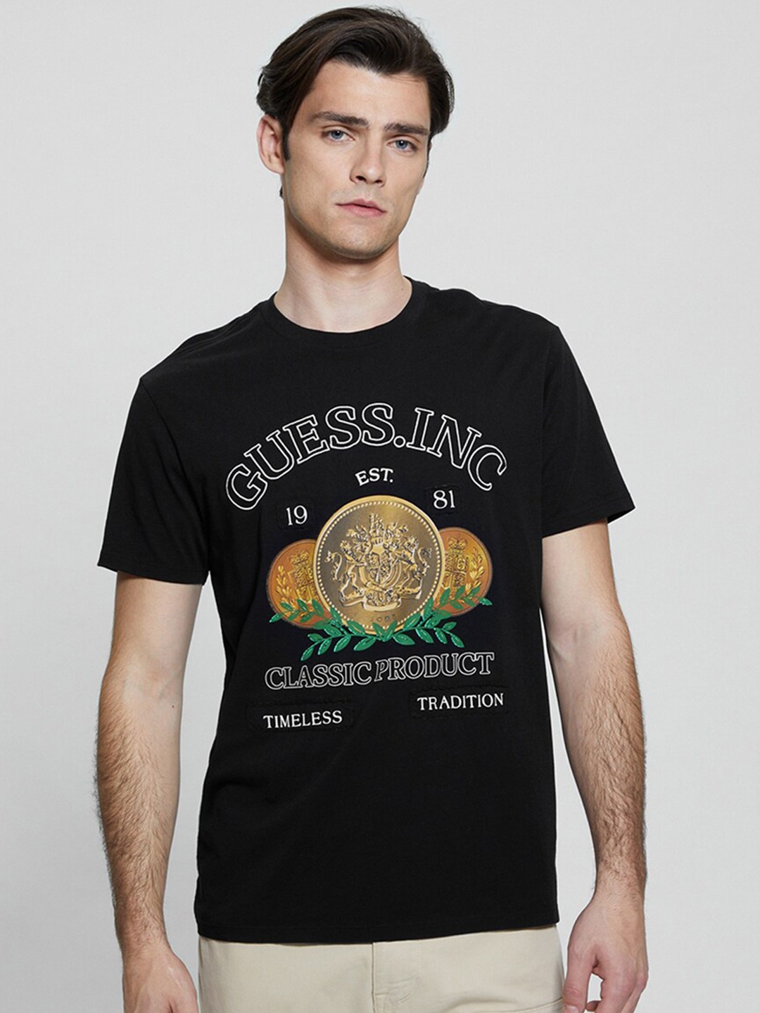 

GUESS Typography Printed Round Neck Regular Fit T-shirt, Black