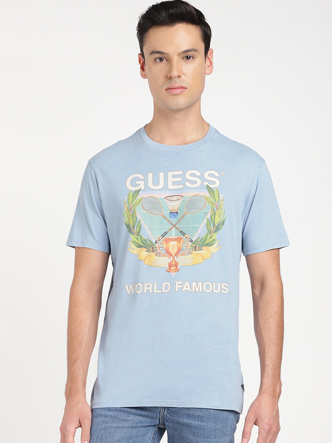 

GUESS Typography Printed Round Neck Cotton Regular Fit T-shirt, Blue