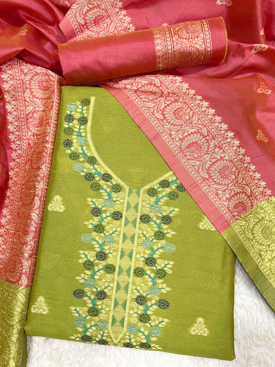 

Panzora Raw Silk Unstitched Dress Material, Green