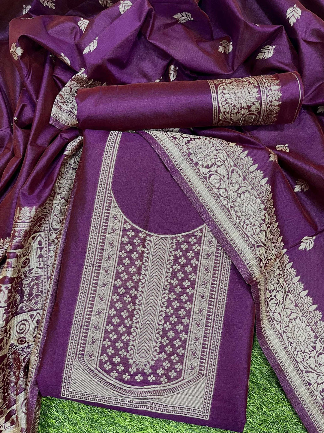 

Panzora Raw Silk Unstitched Dress Material, Purple
