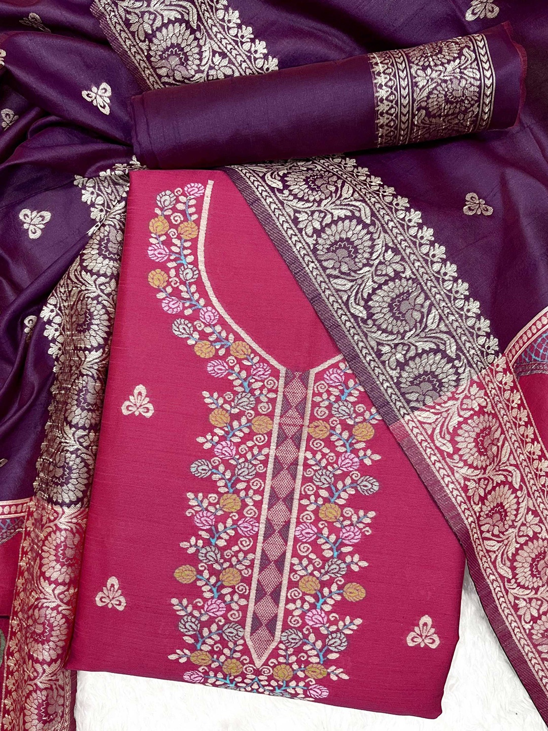

Panzora Raw Silk Ethnic Motifs Unstitched Dress Material, Pink