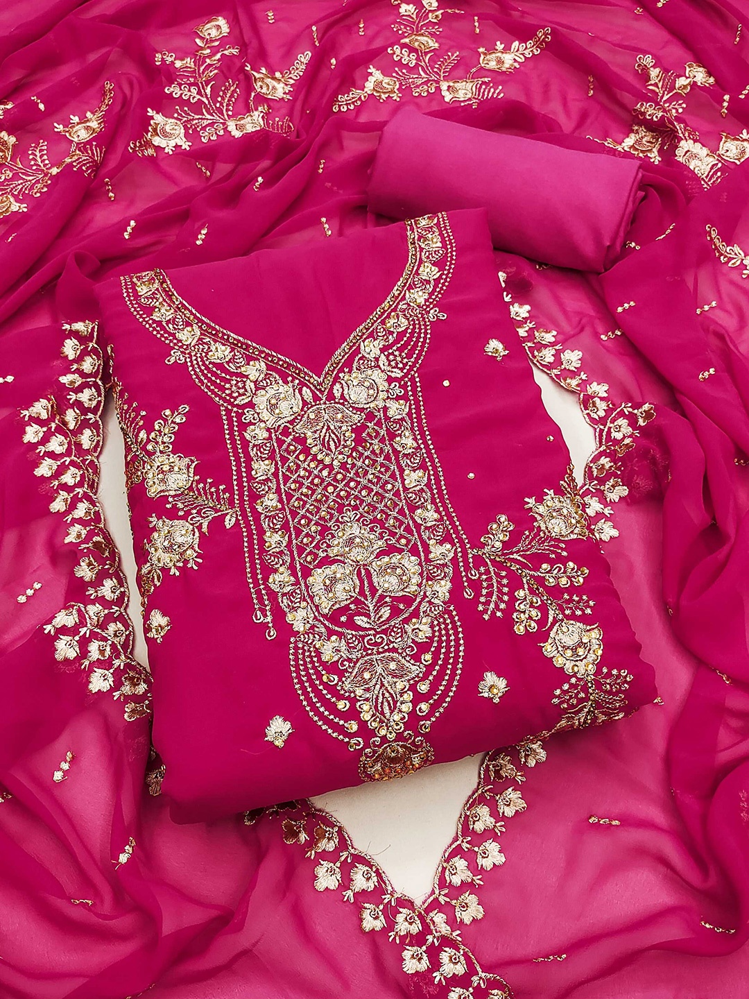 Panzora Ethnic Motifs Embroidered Unstitched Dress Material, Pink