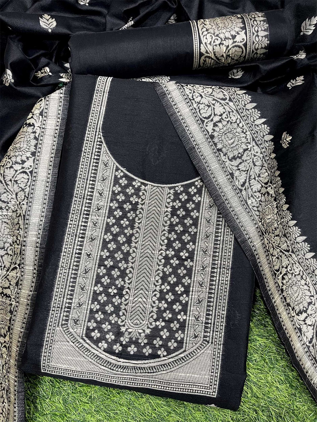 

Panzora Raw Silk Unstitched Dress Material, Black