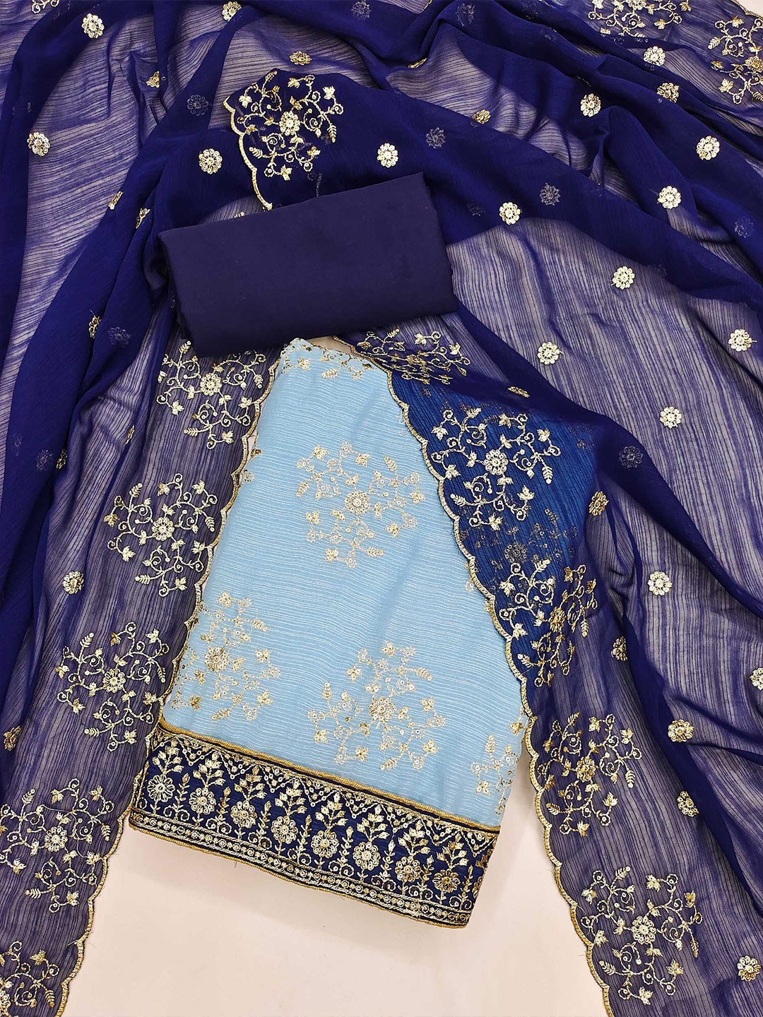 Panzora Ethnic Motifs Embroidered Unstitched Dress Material, Blue