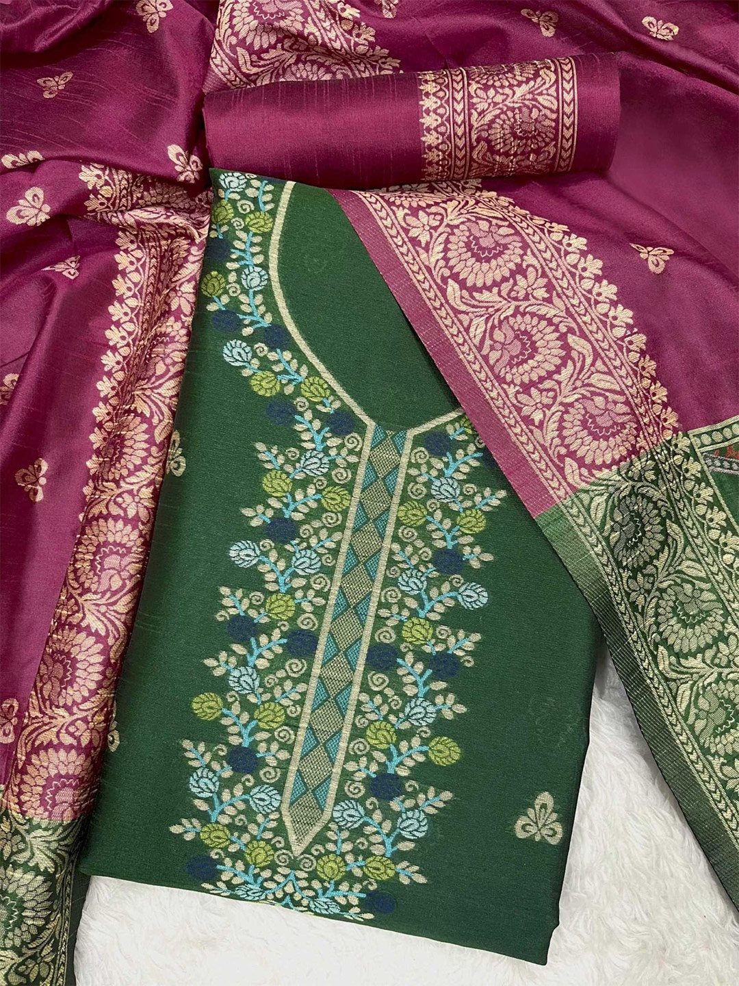

Panzora Ethnic Motifs Woven Design Raw Silk Unstitched Dress Material, Green