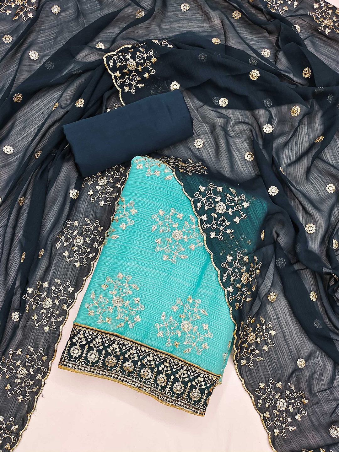 

Panzora Ethnic Motifs Embroidered Unstitched Dress Material, Blue