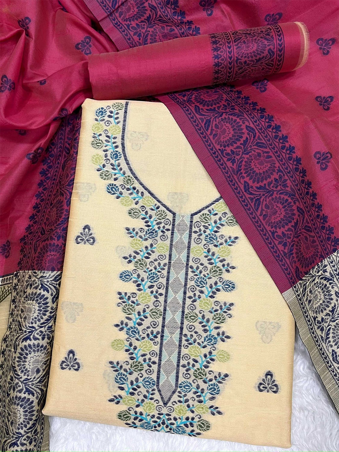 

Panzora Raw Silk Ethnic Motifs Unstitched Dress Material, Cream