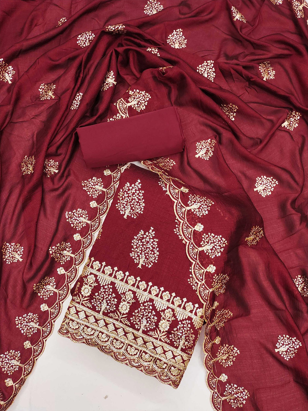 

Panzora Ethnic Motifs Embroidered Unstitched Dress Material, Maroon