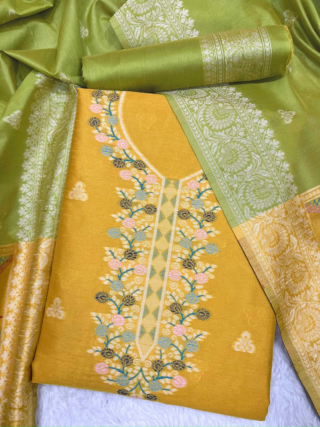 

Panzora Raw Silk Unstitched Dress Material, Yellow