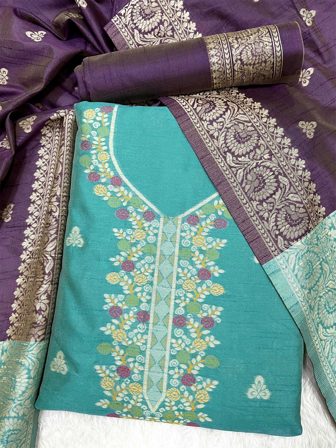 

Panzora Raw Silk Unstitched Dress Material, Blue
