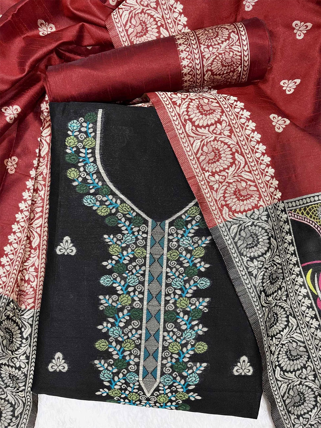 

Panzora Ethnic Motifs Woven Design Raw Silk Unstitched Dress Material, Black