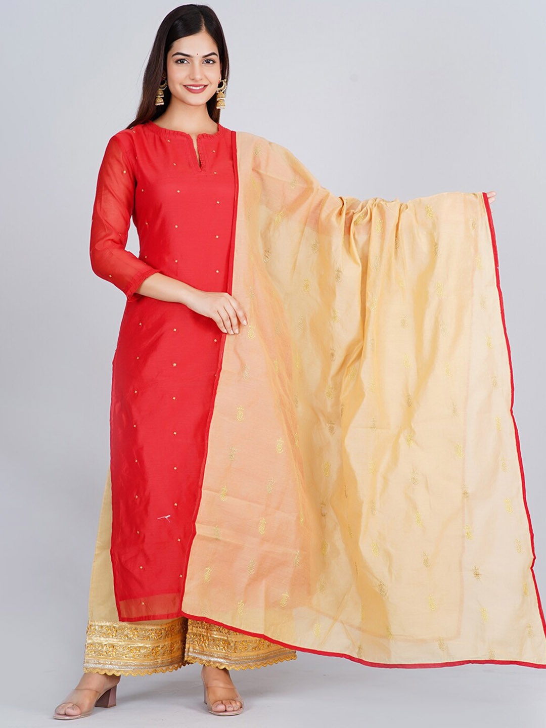

Neemiya Regular Thread Work Chanderi Silk Kurta with Trouser & Dupatta, Red