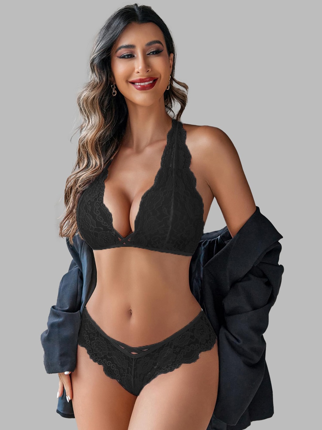 

KRENOZ Self-Design Laced Lingerie Set, Black