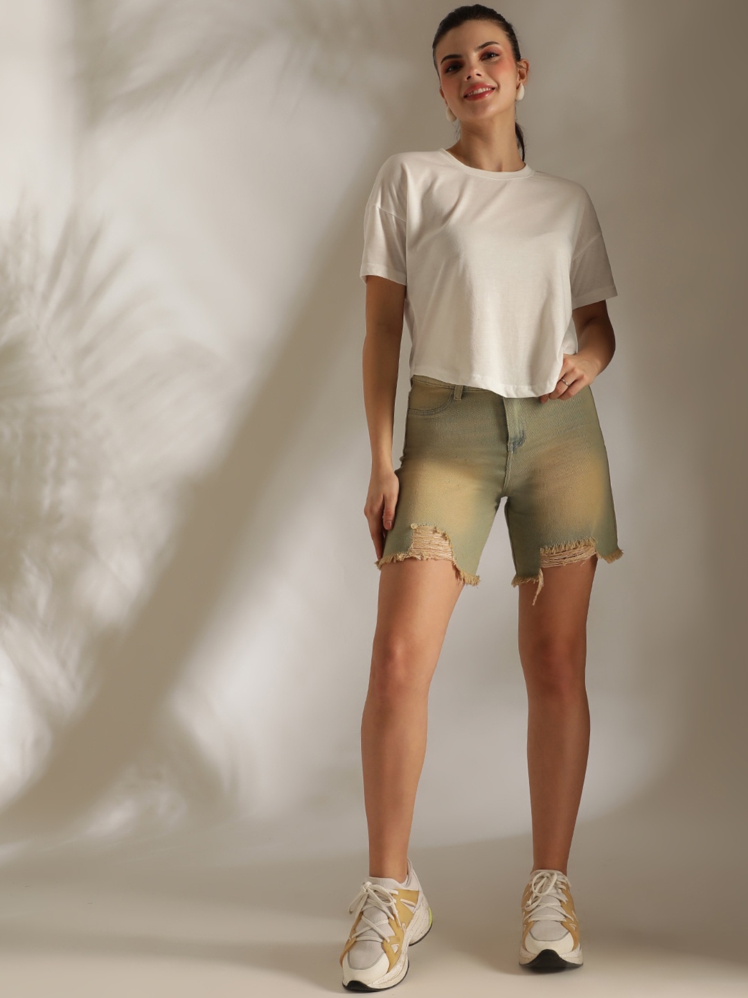 TALES & STORIES Women Washed Mid Rise Denim Shorts, Khaki
