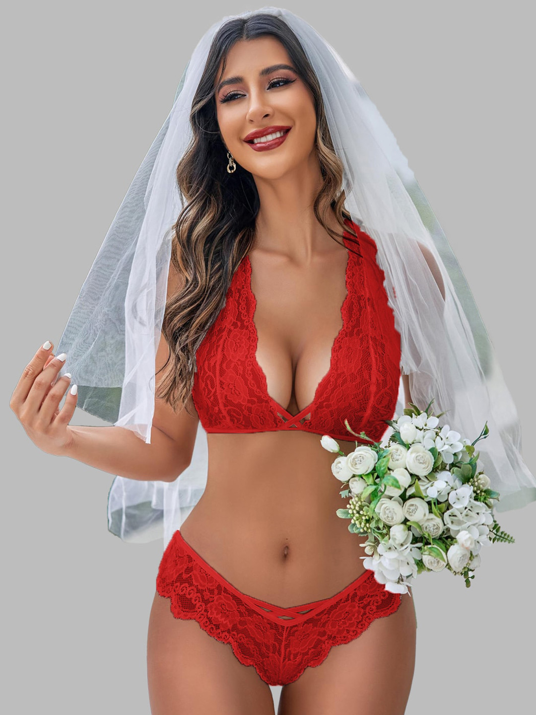 

FIMBUL Self-Design Lace Lingerie Set, Red