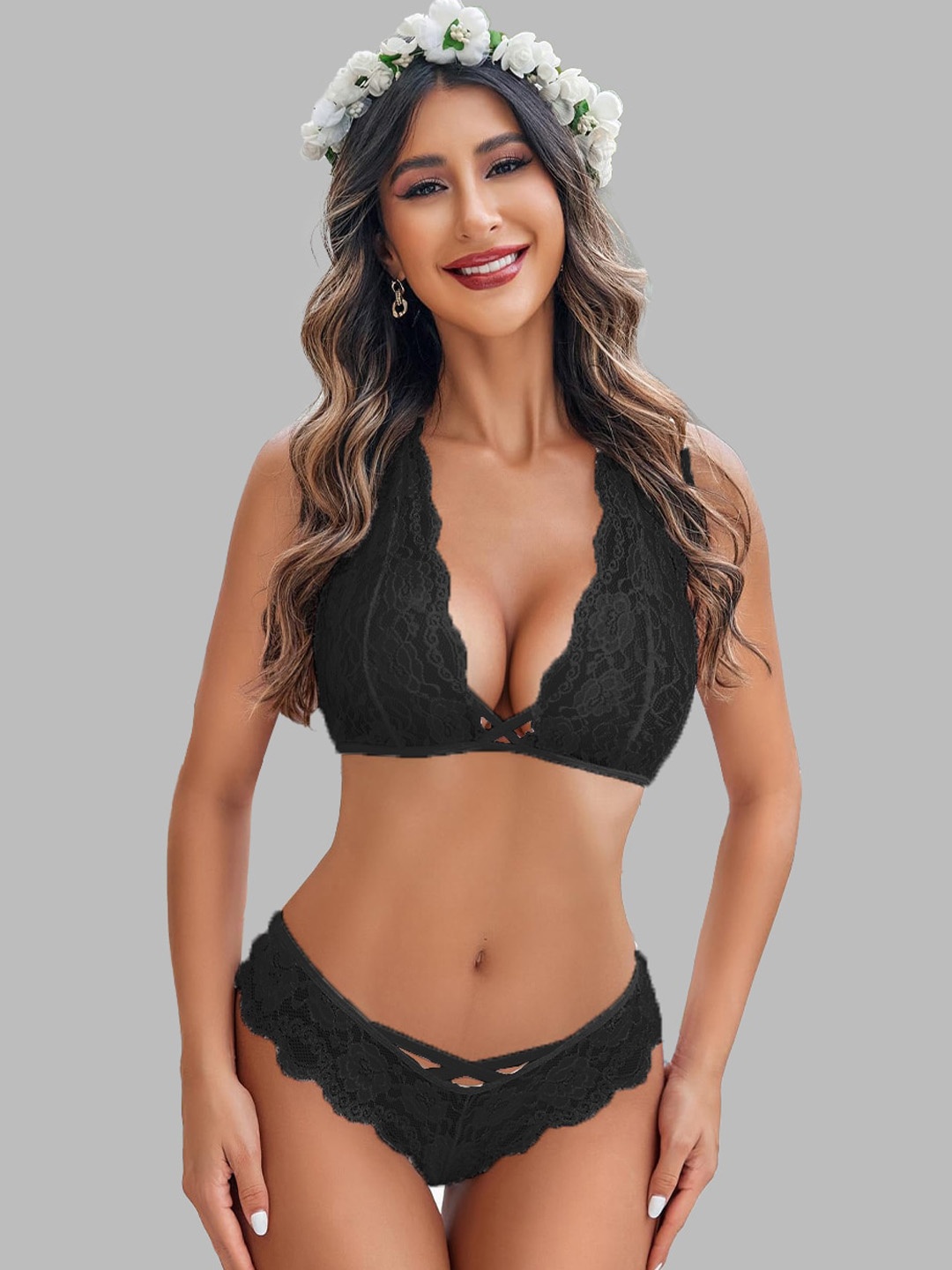 

FIMBUL Self-Design Lace Lingerie Set, Black