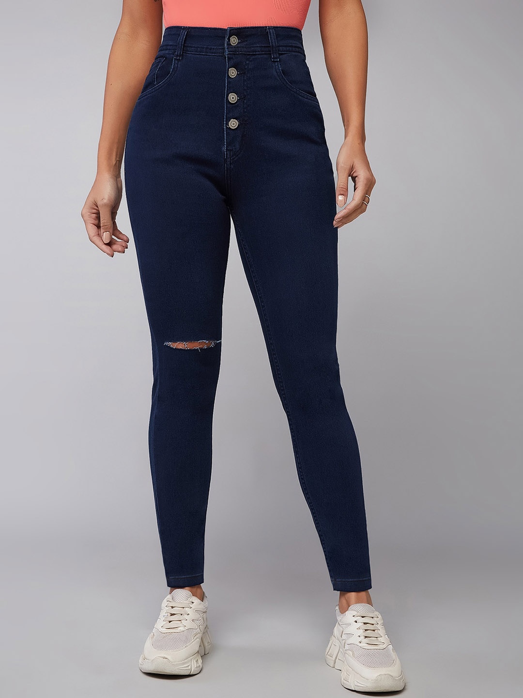 

DOLCE CRUDO Women Skinny Fit High-Rise Slash Knee Stretchable Jeans, Navy blue