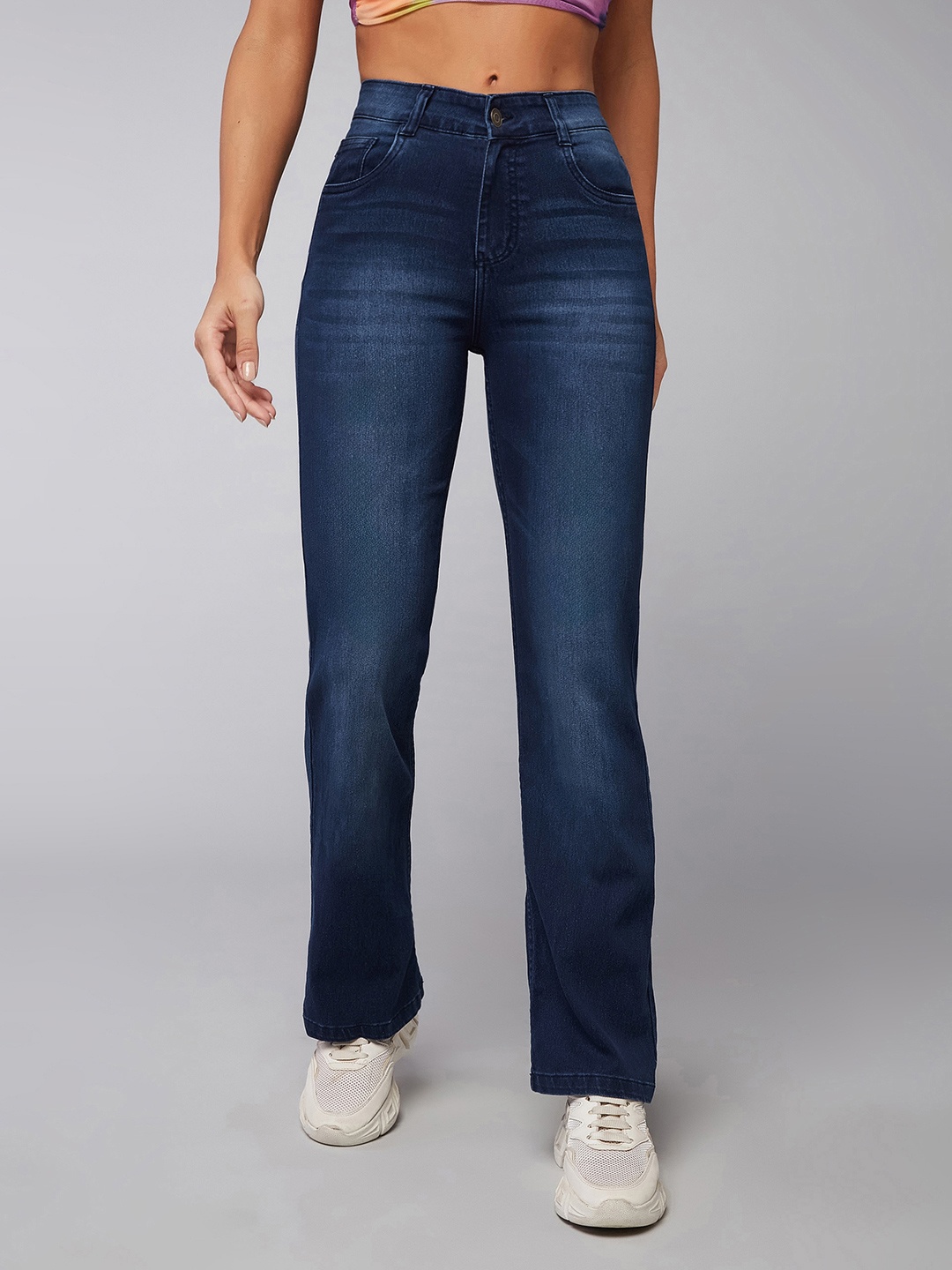 

DOLCE CRUDO Women Wide Leg Heavy Fade Stretchable Jeans, Blue